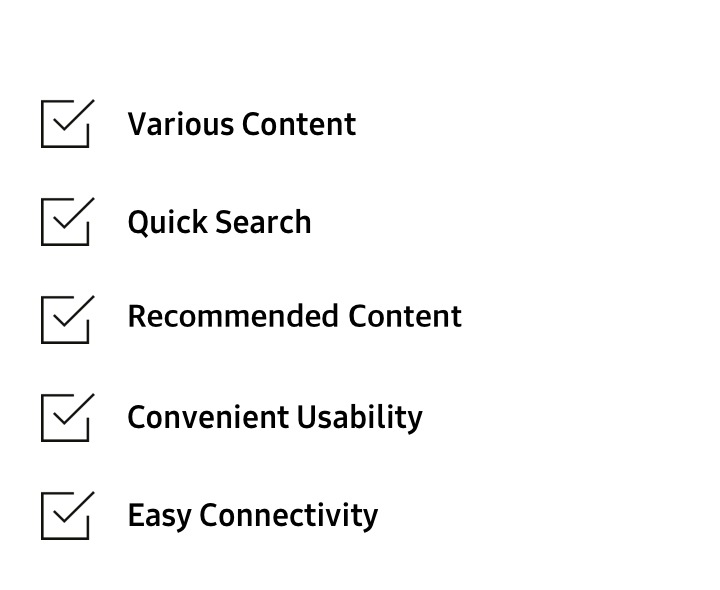 A checklist with checked boxes for buying a Smart TV. The boxes checked off are: various content, quick search, recommended content, convenient usability and easy connectivity.