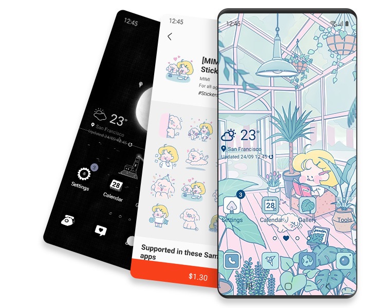 Screenshots showing various themes available on Galaxy Themes in Galaxy Store.