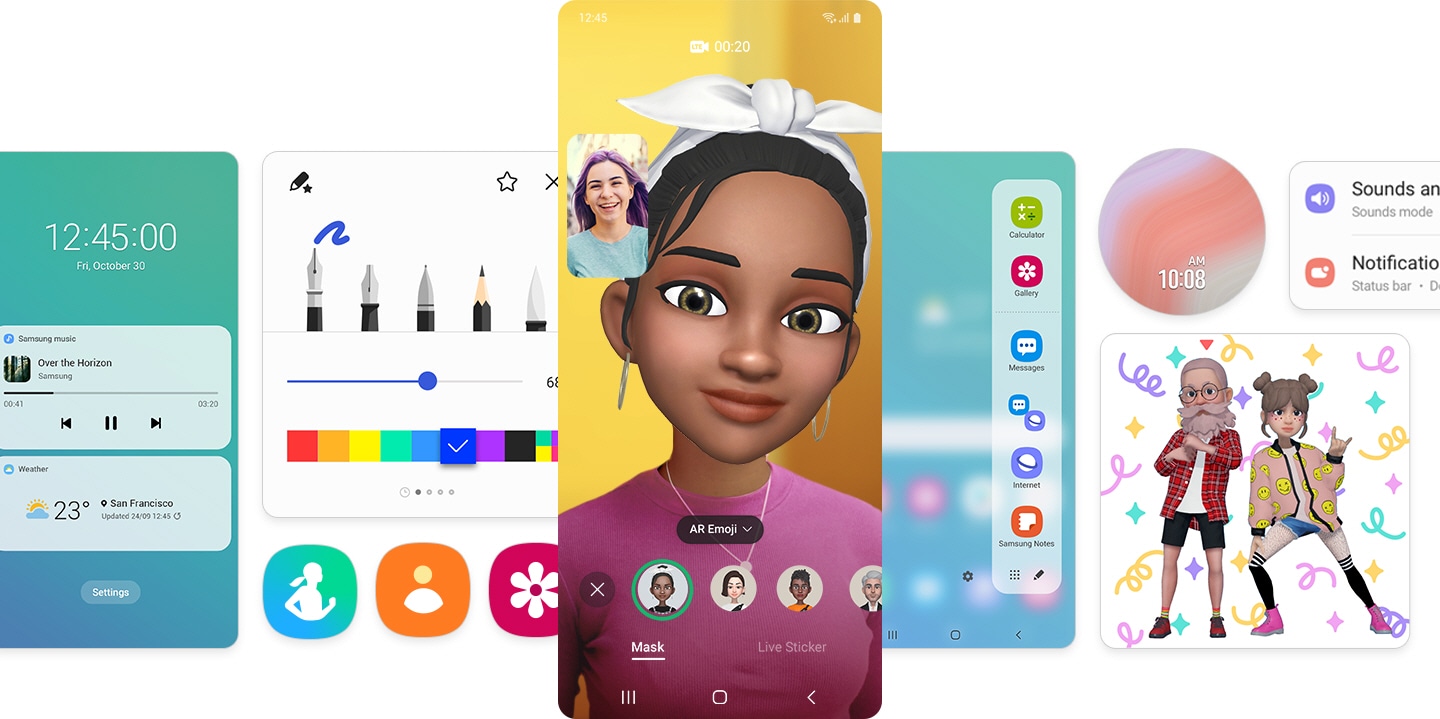 A series of Galaxy screens showing One UI features. Lock screen, S Pen toolbox, App icons, AR emoji mask video call, Edge panel, Galaxy watchface, AR emoji and Setting menu.