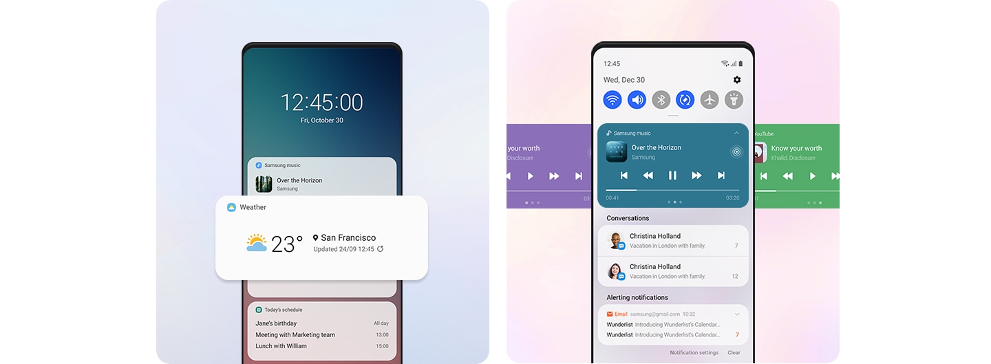 Two Galaxy screens are shown side-by-side. The left shows how you can see your notifications easily with Lock screen. The right shows how easily you can change your music with Quick panel.