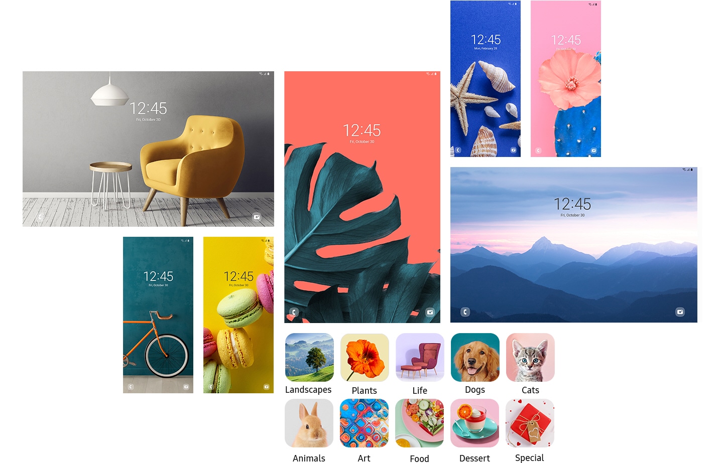 Seven different Galaxy device lock screens, in different sizes, are laid out. They all show different images from different themes. On the bottom, thumbnail icons of 10 different image categories are also laid out to show the diverse options of images provided by Dynamic Lock screen.