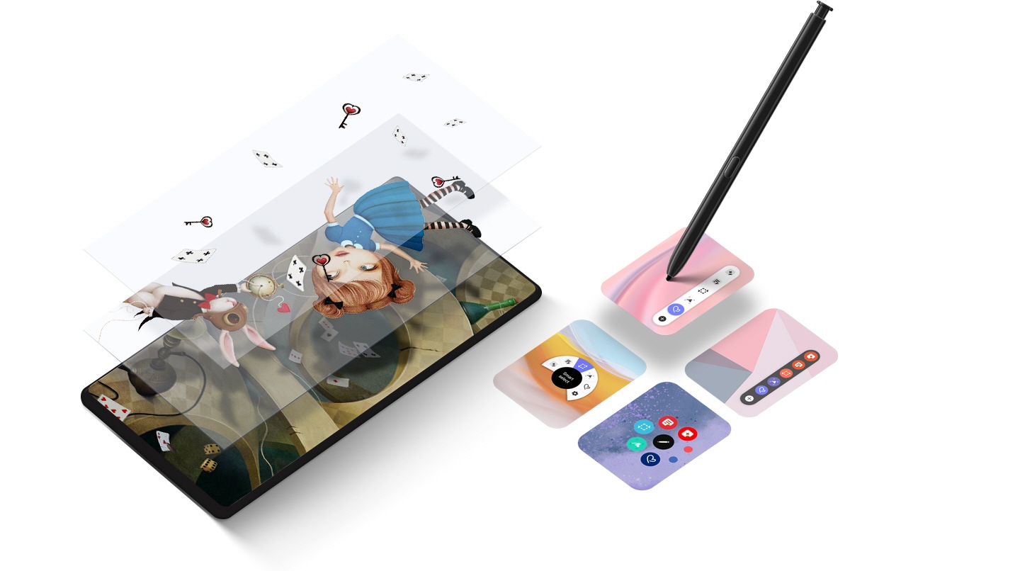A Galaxy device is shown on the left with layers of translucent screens overlaid. On the right, an S Pen chooses different effects to layer onto the screen, illustrating how you could create your own moving lock screen with Wonderland.