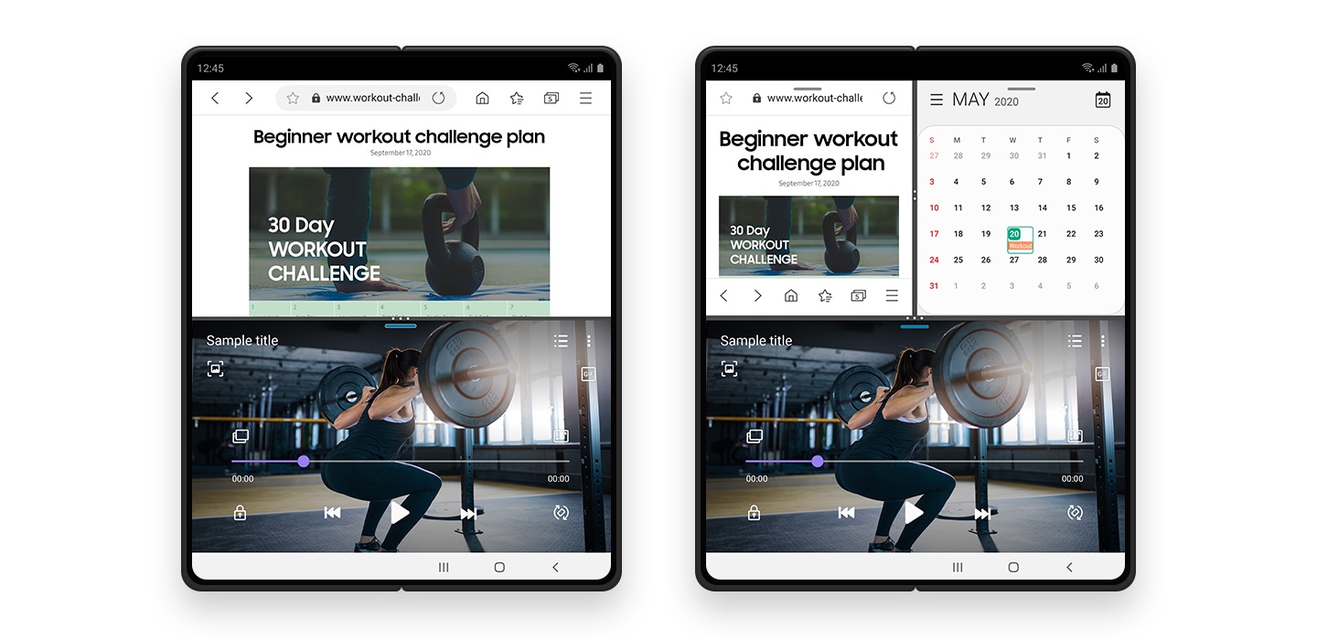Two unfolded Galaxy Z Fold2s are shown side-by-side. Both of them show how you could easily multitask by opening different apps simultaneously with Multi-Active Window. The left shows a screen divided into two parts, top and bottom, while the right shows a screen divided into three parts, top half divided again into two and the bottom half.