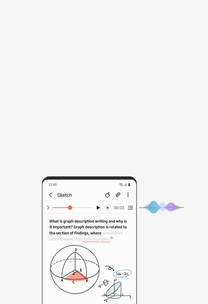 A screenshot shows a synced audio recording and note entitled "Sketch". Below the audio file, the text: "What is graph description writing and why is it important?" and hand-drawn graphs are shown.