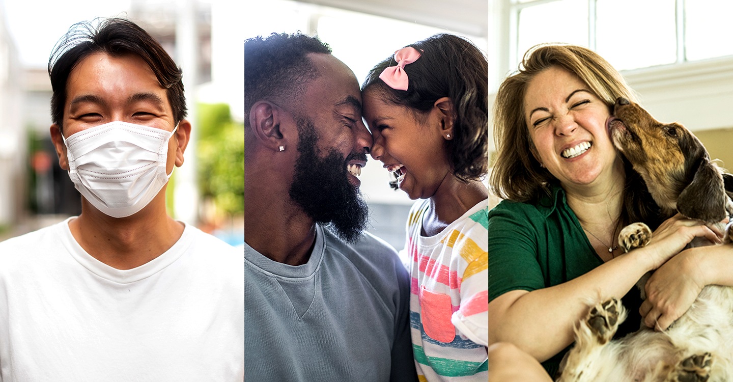 A collage of three photos, left to right: a man smiling while wearing a mask, a man and little girl smiling at each other, a woman with a dog, smiling