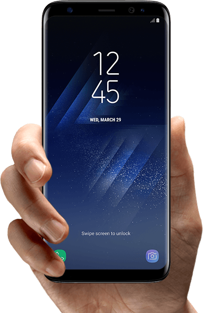 Hand holding Galaxy S8 showing fingerprint sensor on the back of the phone