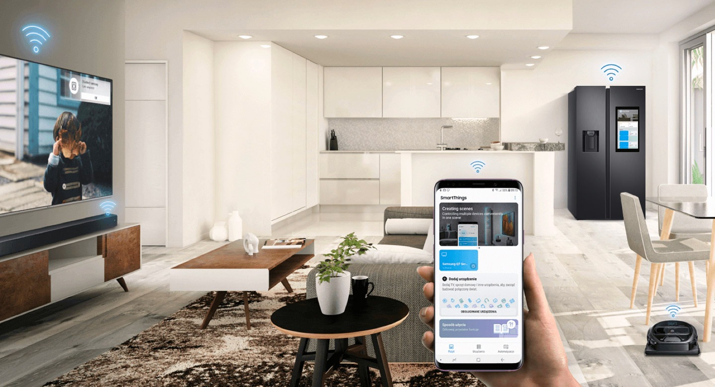 Połącz wszystkie kompatybilne urządzenia w aplikacji SmartThings i stwórz swój własny smart home Samsung! Steruj telewizorem czy pralką z ekranu lodówki Samsung Family Hub i ciesz się pełną harmonią inteligentnego domu