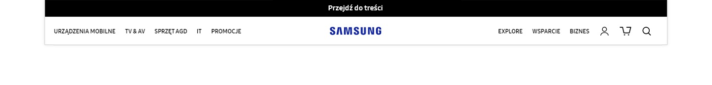 Obraz przedstawiający czarny pasek „Przejdź do treści” jest wyświetlany nad logo SAMSUNG na pasku GNB po naciśnięciu klawisza TAB na stronie samsung.com.
