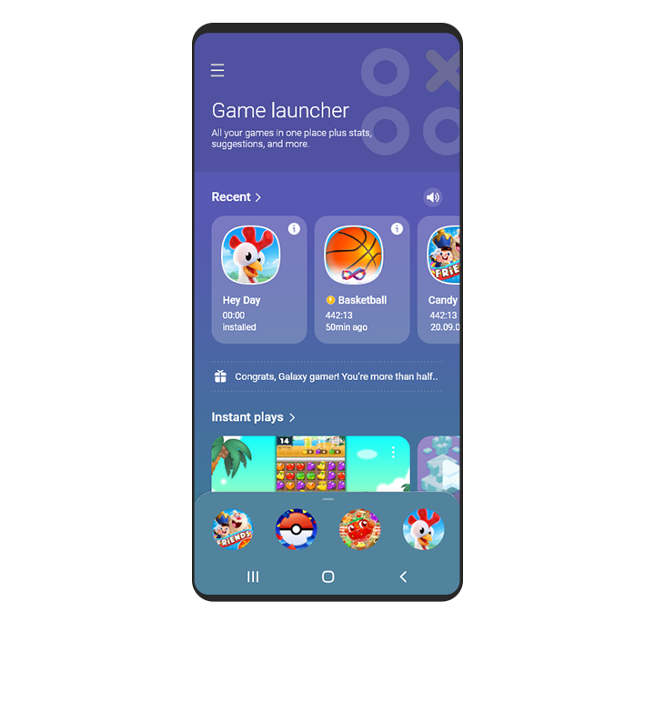 Różne informacje na ekranie głównym Game Launcher, pokazujące gry, w które grano ostatnio, a także inne gry błyskawiczne przedstawione poniżej.