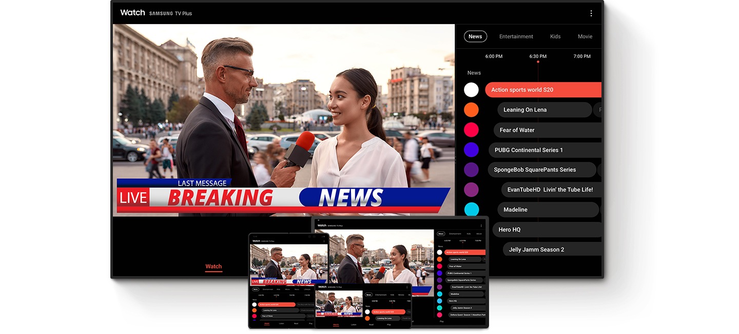 W tle jest duży telewizor z włączonymi wiadomościami. Na dole telewizora tablet Galaxy, Z Fold2 i Z Flip wyświetlają te same treści, które są odtwarzane za pomocą Watch.