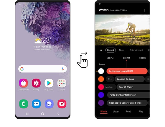 Dwa urządzenia Galaxy, pokazują, jak uzyskać dostęp do Samsung Free z ekranu głównego Galaxy. Ikona przesunięcia w lewo między urządzeniami pokazuje, że przesunięcie w lewo na ekranie głównym bezpośrednio otwiera Samsung Free.