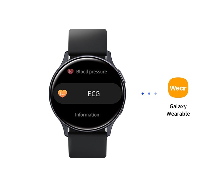 Pierwszy krok korzystania z elektrokardiogramu (EKG): „Sparuj swoje urządzenia”. Galaxy Watch z menu na EKG. Po jego prawej stronie ikona parowania (trzy kropki ułożone poziomo) i ikona aplikacji Galaxy Wearable po prawej stronie.