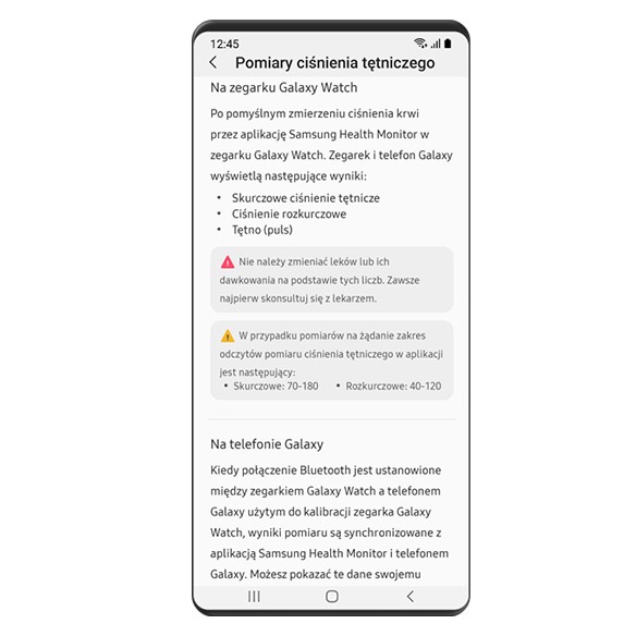 Zobacz jakie dane wskaże Ci aplikacja Samsung Health Monitor po pomiarze ciśnienia krwi smartwatchem Galaxy Watch.