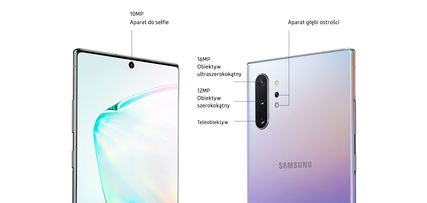 Dwa telefony Galaxy Note 10+, jeden widziany z przodu, a drugi z tyłu. Galaxy Note 10+ widziany z przodu znajduje się pod kątem trzy czwarte od strony przycisku zasilania, ukazując 10-megapikselowy aparat do selfie. Na ekranie widać abstrakcyjną grafikę. Galaxy Note 10 plus widziany z tyłu, przedstawiający system poczwórnego aparatu kamer, w skład którego wchodzą aparat głębi ostrości, teleobiektyw o rozdzielczości 12 MP, szerokokątny obiektyw 12 MP i ultraszerokokątny 16 MP.
