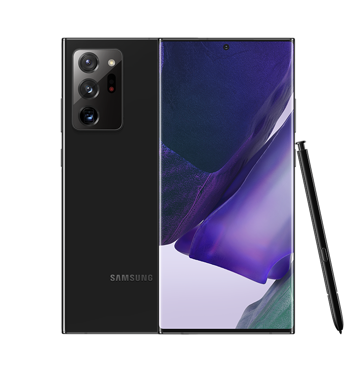 Dwa telefony Galaxy Note20 Ultra w kolorze Mystic Black, jeden widziany od przodu i jeden od tyłu. Na wyświetlaczu telefonu widocznego od przodu widać tapetę, a o telefon widoczny od tyłu opiera się rysik S Pen.