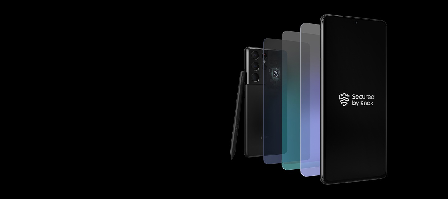 Galaxy S21 Ultra 5G w kolorze czarnym widziany od tyłu, wraz z dopasowanym rysikiem S Pen Pro w kolorze czarnym, opartym o bok smartfona. Cztery warstwy "wychodzą" z urządzenia, pokazując jak Samsung Knox chroni dane, poczynając od chipa: Chipset, Hypervisor, Kernel, Firmwarei Aplikacje.