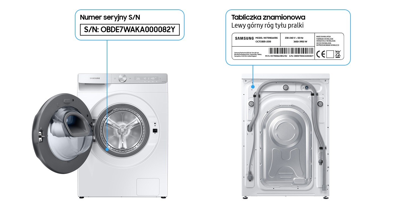 Gdzie znaleźć numer seryjny pralki i suszarki Samsung - naklejkę z numerem seryjnym znajdziesz we wnęce drzwiczek, a tabliczkę znamionową w lewym górnym rogu urządzenia z tyłu