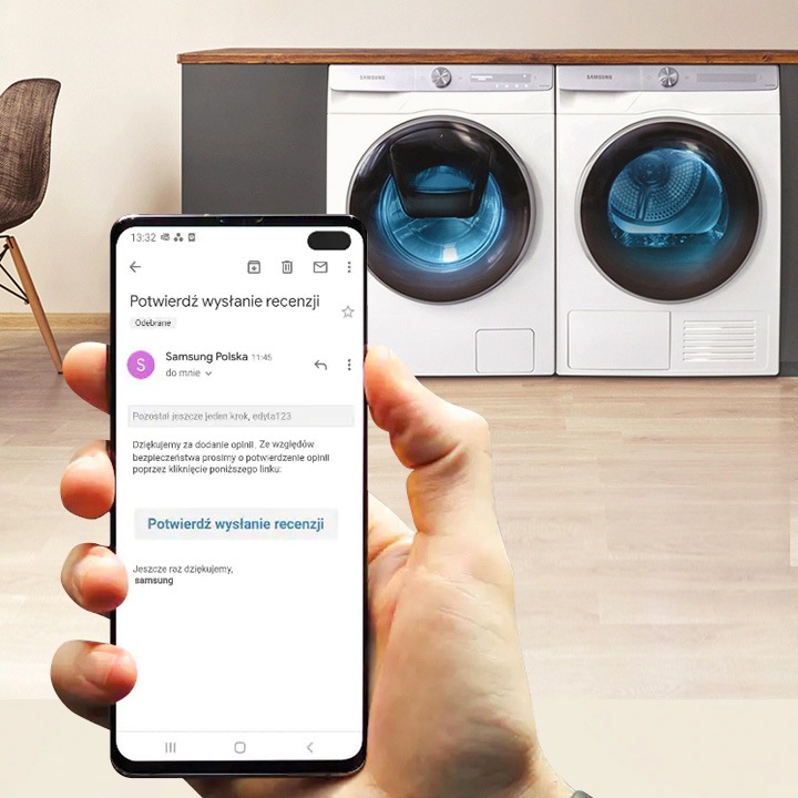 By zostawić opinię o zakupionym produkcie Samsung, która jest potrzebna w promocji na smartfon gratis do zakupu pralki i suszarki Samsung, kliknij w przycisk zostaw opinię, napisz recenzję i potwierdź wysłanie recenzji klikając w przycisk otrzymanego maila. Po 24h zrób screen swojej opinii