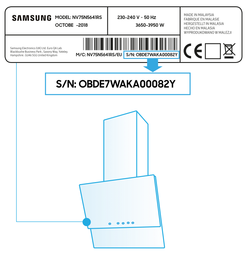 Tabliczka znamionowa okapów Samsung znajduje się pod filtrami okapu