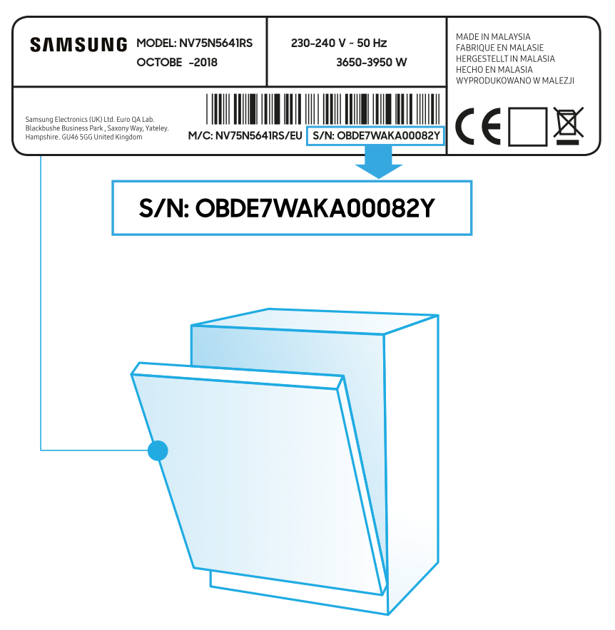 Tabliczka znamionowa zmywarek Samsung znajduje się na bocznej krawędzi drzwiczek.