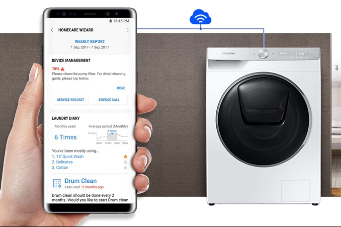 Funkcja Smart Check w pralkach Samsung automatycznie wykryje problemy i pomoże Ci znaleźć rozwiązanie. Powiadomienie otrzymasz prosto na swój smartfon
