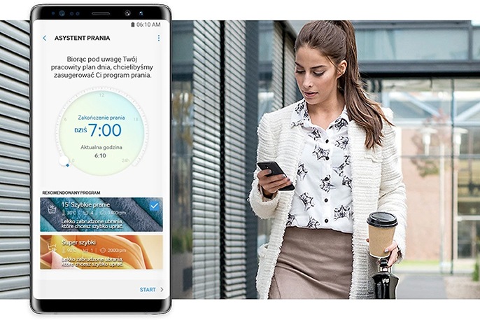 Dzięki funkcji Smart Control, możesz sterować pralką, suszarką lub pralko-suszarką Samsung zdalnie, prosto ze swojego smartfona. Monitoruj cykl prania lub włącz program tak, by pranie czekało na Ciebie czyste po powrocie do domu