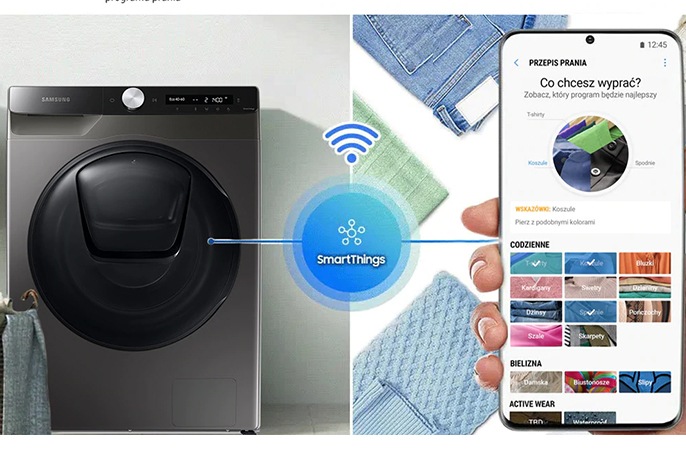 Steruj swoim urządzeniem Samsung ze swojego smartfona dzięki połączeniu pralki z aplikacją SmartThings. Skorzystaj z funkcji Asystetna prania, która podpowie Ci jaki program wybrać dla wybranej odzieży