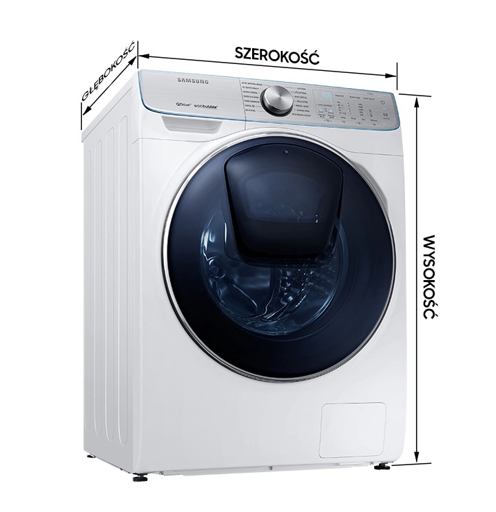 Wymiary pralki to jeden z głównych parametrów, którym kierujemy się przy wyborze nowego sprzętu - porównaj pralki Samsung i wybierz model idealny dla siebie White washing machine dimensions of depth, width, height