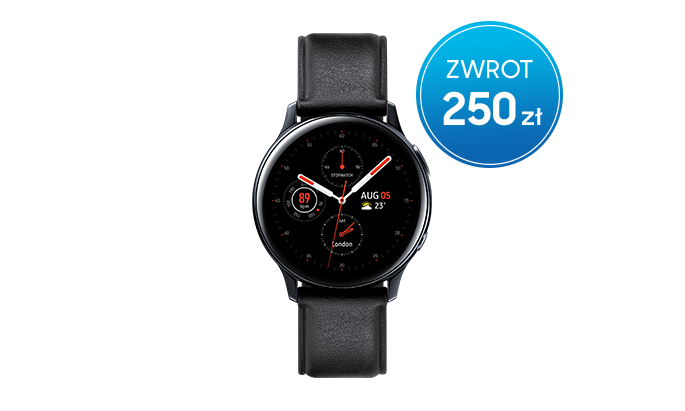Interesuje Cię Premia Samsung? Kup Galaxy Watch Active2 40 mm ze stali nierdzewnej z czarnym paskiem i czarną kopertą i odbierz w gotówce 250 zł