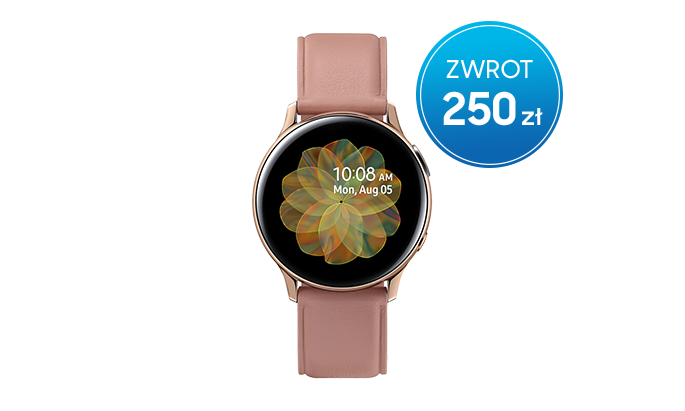 Interesuje Cię promocja na smartwatche - wybierz Samsung Galaxy Watch Active2 40 mm ze stali nierdzewnej z różowym paskiem i złotą kopertą i odbierz 250 zł