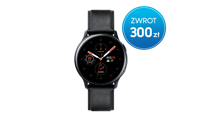 Skorzystaj z promocji Samsung - kup Galaxy Watch Active2 40 mm ze stali nierdzewnej z czarnym paskiem i srebrną kopertą i odbierz w gotówce 300 zł