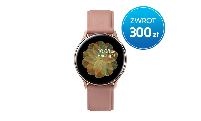 Interesuje Cię promocja na smartwatche - wybierz Samsung Galaxy Watch Active2 40 mm ze stali nierdzewnej z różowym paskiem i złotą kopertą i odbierz 300 zł