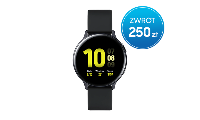 Promocja Samsung - wybierz Galaxy Watch Active2 44 mm z aluminium z czarnym paskiem i czarną kopertą oraz odbierz w gotówce 250 zł
