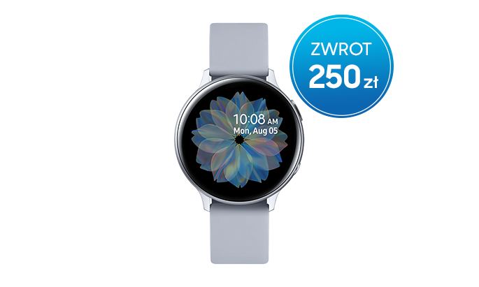 Promocja Samsung odbierz 250 zł - wybierz Galaxy Watch Active2 44 mm z aluminium z szarym paskiem i srebrną kopertą