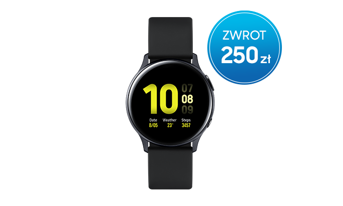 Samsung promocja - odbierz zwrot 250 zł za zakup smartwatcha Galaxy Watch Active2 40 mm z aluminium z czarnym paskiem i czarną kopertą