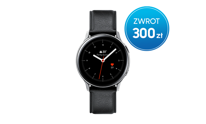 Skorzystaj z promocji Samsung - kup Galaxy Watch Active2 40 mm ze stali nierdzewnej z czarnym paskiem i srebrną kopertą i odbierz w gotówce 300 zł