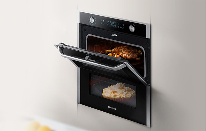 Piekarniki Samsung z technologią Dual Cook Flex™ posiadają dwie niezależne części i możliwość pieczenia w dwóch różnych temperaturach, bez przenikania się zapachów