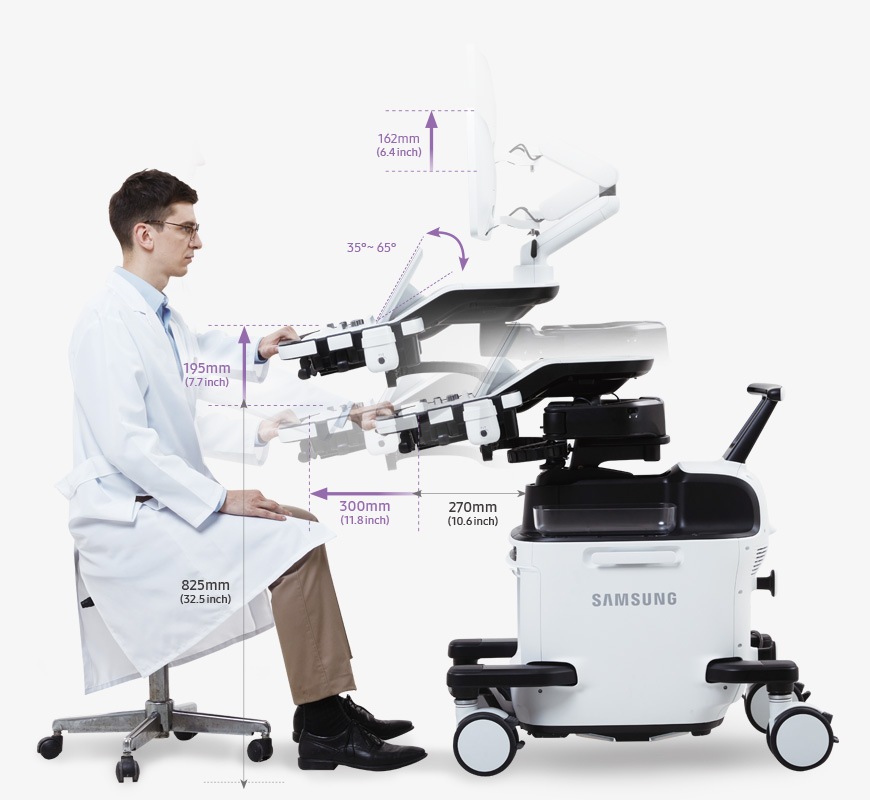 Ultrasonograf HERA W10 posiada mechanizm poruszania panelu sterowania, umożliwiający wysuwanie go oraz rotowanie dla wygody i odciążenia ramion