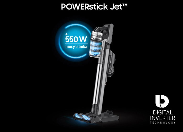 Nowy bezprzewodowy odkurzacz pionowy Samsung POWERstick JET ™ z silnikiem Digital Inverter z mocą do 550W