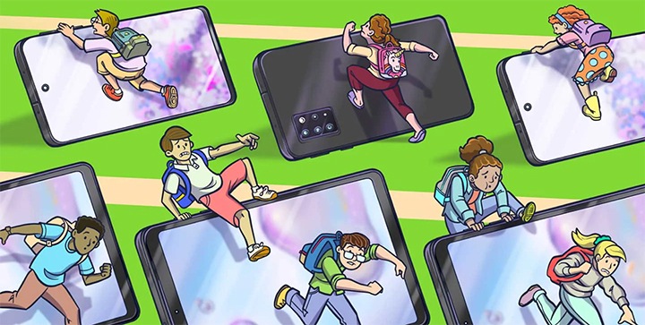 Ilustracja przedstawiająca dzieci noszące plecaki i wspinające się po telefonach z serii Galaxy S20 i Galaxy Tab S6 Lite.