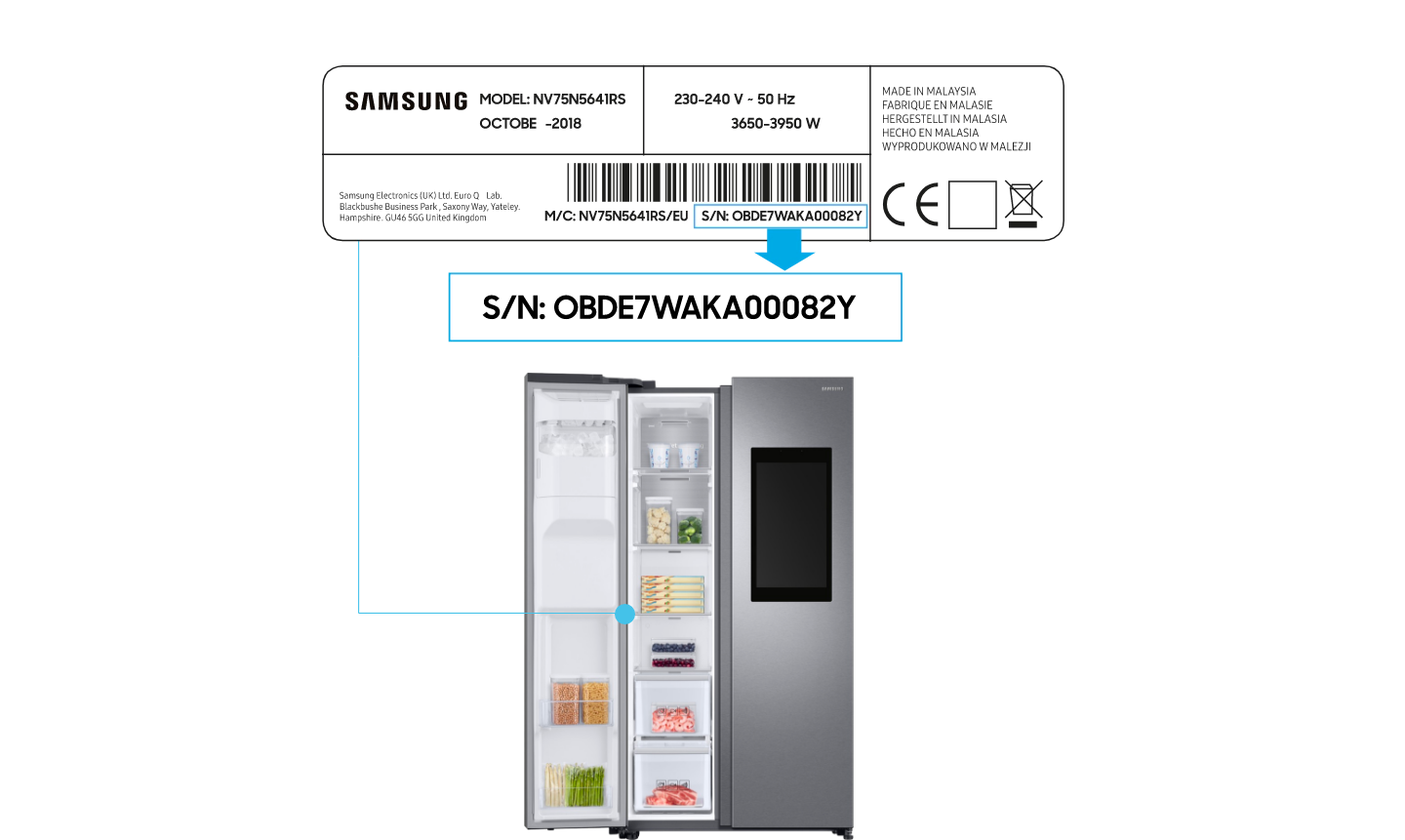 Zastanawiasz się gdzie znaleźć tabliczkę znamionową niezbędną do udziału w promocji Samsung? To proste! Tabliczkę znajdziesz w dolnej części lewego zewnętrznego boku lodówki Samsung Family Hub
