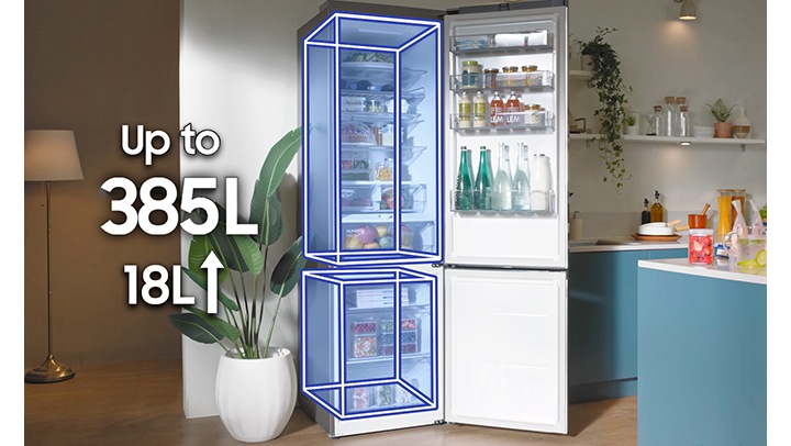 Nawet do 385l przestrzeni w lodówce Samsung z technologią SpaceMax. Już nigdy więcej nie braknie Ci miejsca na żywność dzięki lodówce z nowej linii Samsung Grand+.