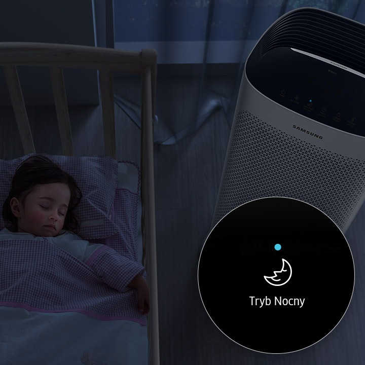 Cichy oczyszczacz powietrza Samsung dzięki trybowi nocnemu pozwala na spokojny sen. Generuje zaledwie 21 dB