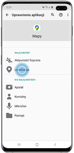 Opcja Lokalizacja wybrana w menu Informacje o aplikacji na smartfonie Galaxy
