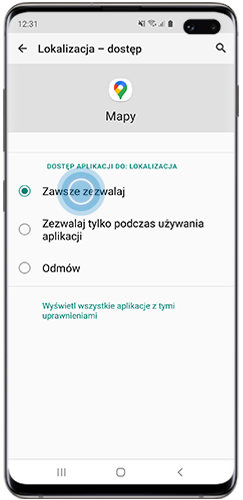Opcja Zawsze zezwalaj wybrana w menu zezwoleń lokalizacji na smartfonie Galaxy