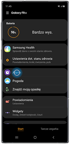 Dotknij Alarm w aplikacji Galaxy Wearables na smartfonie Galaxy