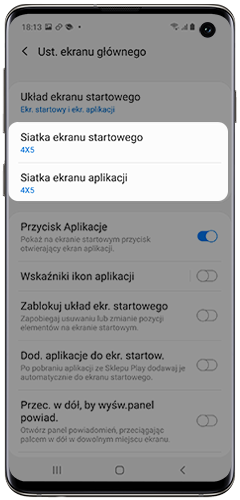 Dotknij Siatka ekranu głównego lub siatka ekranu aplikacji