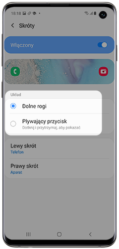 Dotknij, żeby wybrać lewy lub prawy skrót