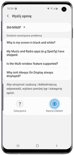 Dotknij pozycji Wyślij Raport błędu