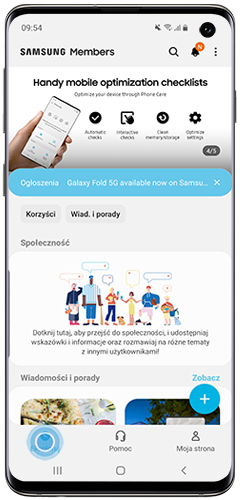 Dotknij Eksploruj na stronie startowej Samsung Members